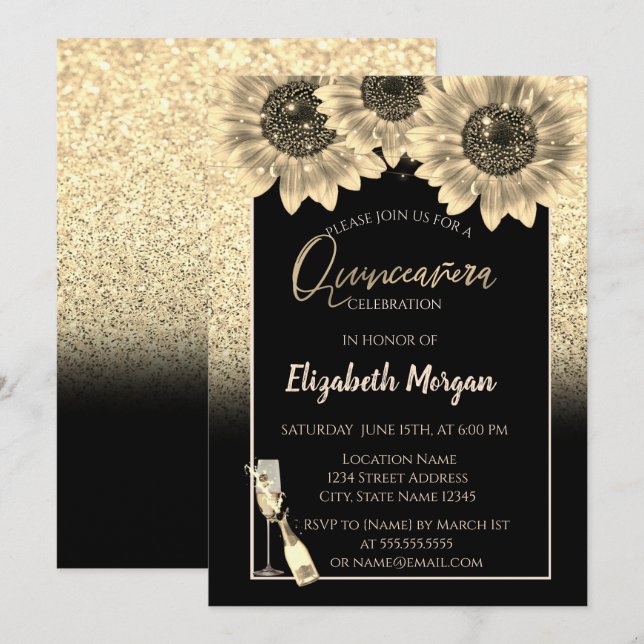 Solblommor från guld Glitter, Vin Glass Quinceaner Inbjudningar (Fram/baksida)
