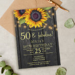 Solblommor från guld, land lada, 50-faldigt inbjudningar<br><div class="desc">Rustic land 50-födelsedagsfesters inbjudan till snyggt på mörk brun barrdagg med stora gult-solblommor, strängar av tvillinglå ljus och ett faux-guld typografi-skript. Enkel att anpassa med dina uppgifter! Du kan välja att anpassa det ytterligare genom att ändra typsnitt och färg på text. Inbjudan är lämplig för födelsedagsfester för utomhusträdgård/bakgård, rustik land...</div>