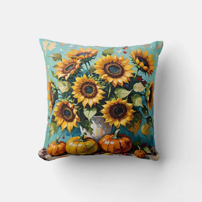 Solblommor från hösten, blommor och palmblommor. kudde (Framsida)