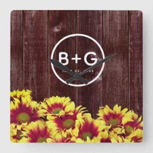 Solblommor från hösten på trästängslet Bröllop Fyrkantig Klocka