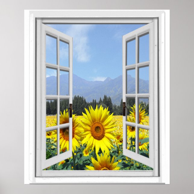 Solblommor Garden Faux Artificial Window View Poster (Framsidan)