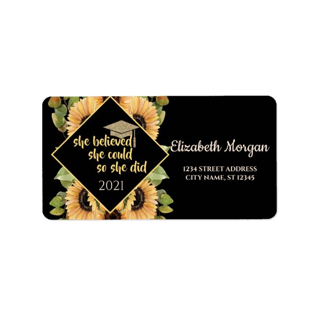 Solblommor Glitter Student Cap Adressetikett (Framsidan)