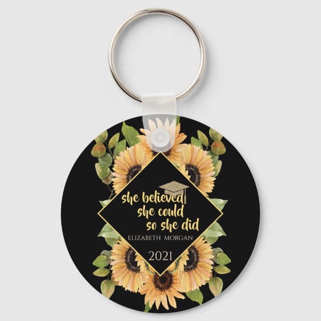 Solblommor Glitter Student Cap Beverage Coaster Nyckelring (Framsida)