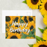 Solblommor Grattis på födelsedagen vykort<br><div class="desc">Inget är mer roligt och soligt än detta söta solroskort. Det vackra kursiva teckensnittet läser Grattis på födelsedagen över en fält av söt solblommor.</div>