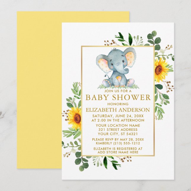 Solblommor Greenery Elephant Baby Shower Guld Inbjudningar (Fram/baksida)