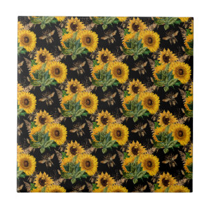Solblommor Gult Black Bees Bouquet Kakelplatta