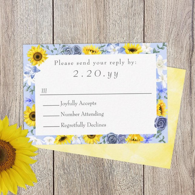 Solblommor, Gult, blått Bröllop OSA (sunflowers and dusty blue roses wedding rsvp card, response reply card, yellow blue wedding theme)