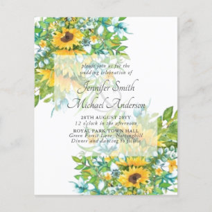 Solblommor Gult Blue Blommigt Leafy Wedding bjudan