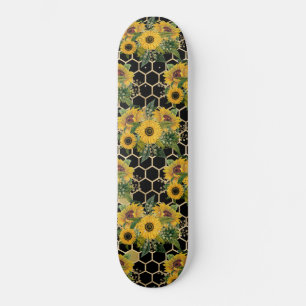 Solblommor Honeycomb Blommönster Black Mini Skateboard Bräda 18,5 Cm