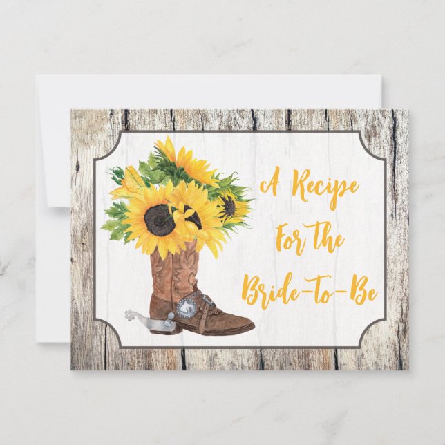 Solblommor i Cowboy Boot Woodgrain Recipe Card Inbjudningar (Framsida)