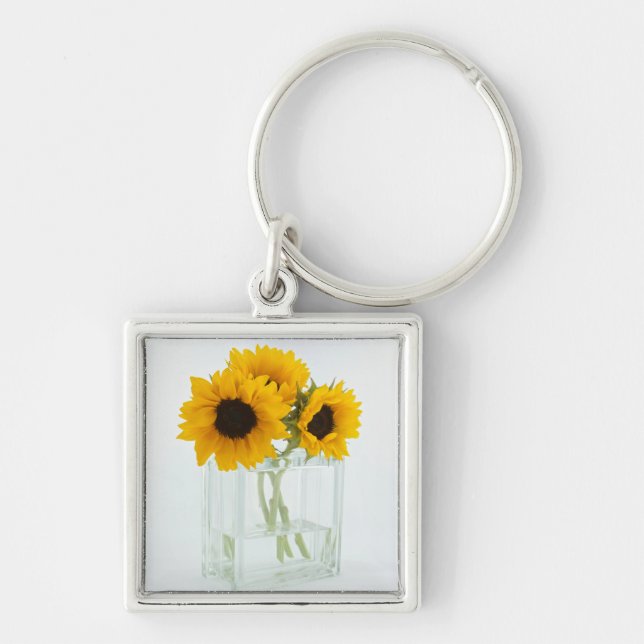 Solblommor i en Vas-nyckelring Fyrkantig Silverfärgad Nyckelring (Framsidan)