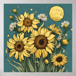 Solblommor i Full Moon Van Gogh Stil Blommigt Poster