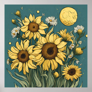 Solblommor i Full Moon Van Gogh Stil Blommigt Poster