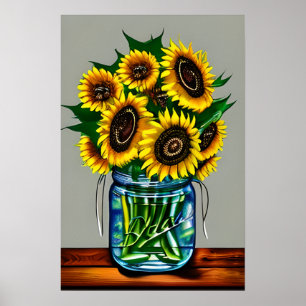 Solblommor i Glass Vas Poster