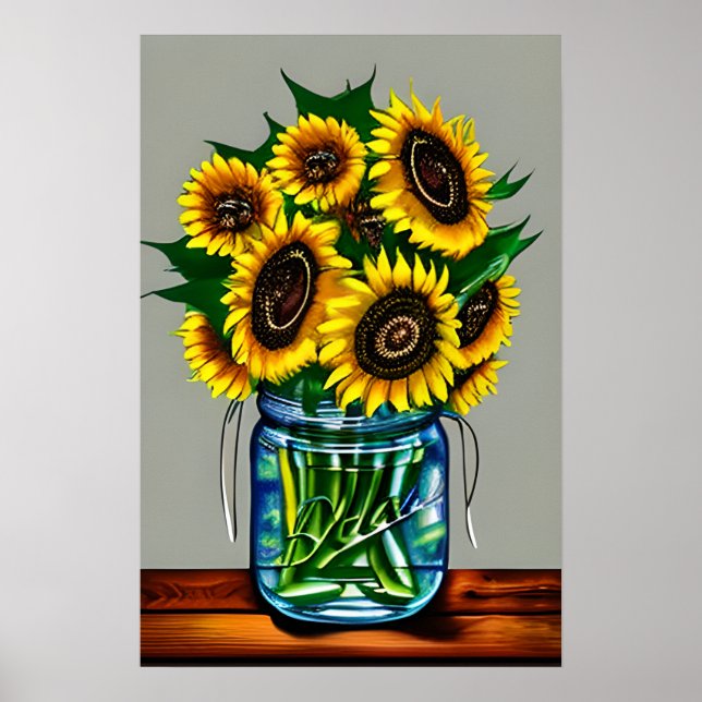 Solblommor i Glass Vas Poster (Framsidan)