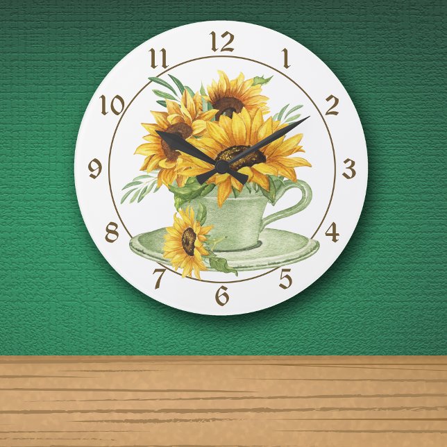 Solblommor i Kaffe Kopp och Saucer Farmhouse Stor Klocka (Skapare uppladdad)