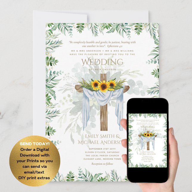 Solblommor i Kor vid CATHOLIC-bröllopsinbjudan Inbjudningar (Skapare uppladdad)