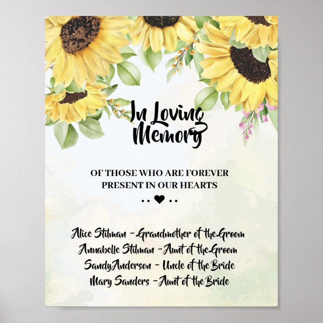 Solblommor i Loving Memory Bröllop Sign Poster (Framsidan)