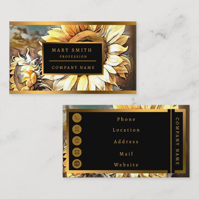 Solblommor i modern konstsamling i fönster visitkort (Fram/baksida)