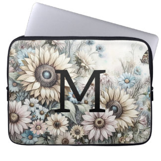 Solblommor i Monogram blommigt teckning rosa gult  Laptop Fodral