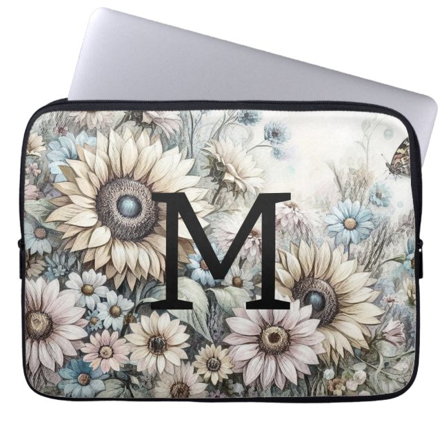 Solblommor i Monogram blommigt teckning rosa gult  Laptop Fodral (Framsidan)