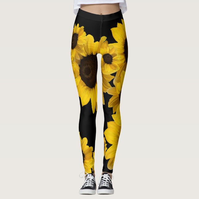 Solblommor i svart gult på svart bakgrund leggings (Framsida)