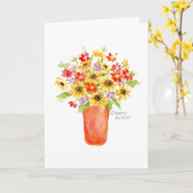 Solblommor i Vas Blank Greeting Card Kort (Gul blomma)