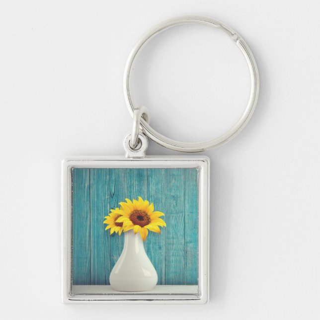 Solblommor i vas fyrkantig silverfärgad nyckelring (Framsidan)