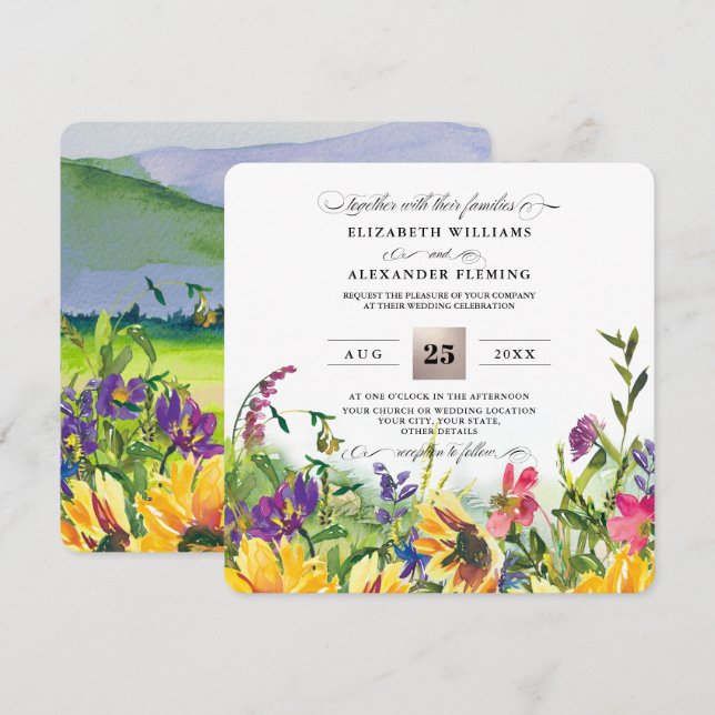Solblommor | Inbjudan till Vild Meadow Rustic Wedd (Fram/baksida)