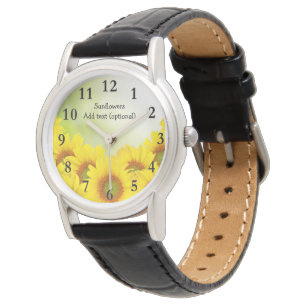 Solblommor Kvinnors svarta läderband Armbandsur