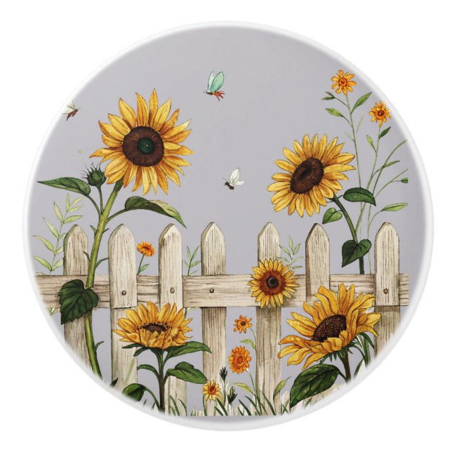 Solblommor längs med det vita biljettstängslet knopp (Framsidan)