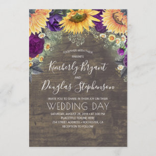 Solblommor Lila Ro Daisy Rustic Bröllop Inbjudningar