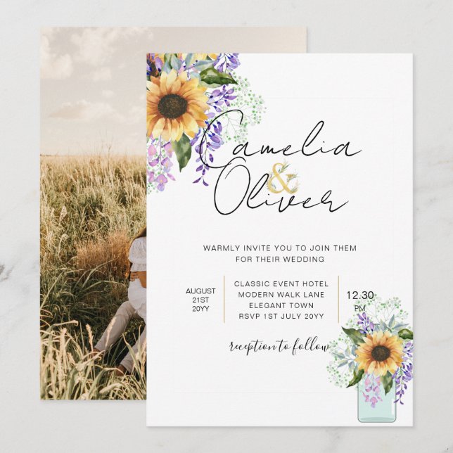 Solblommor Lila Wisteria Modern Wedding INVITE Inbjudningar (Fram/baksida)