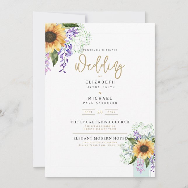Solblommor Lila Wisteria Modern Wedding INVITE Inbjudningar (Framsida)