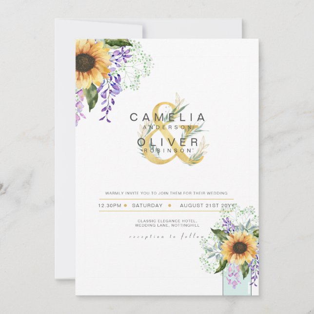 Solblommor Lila Wisteria Modern Wedding INVITE Inbjudningar (Framsida)