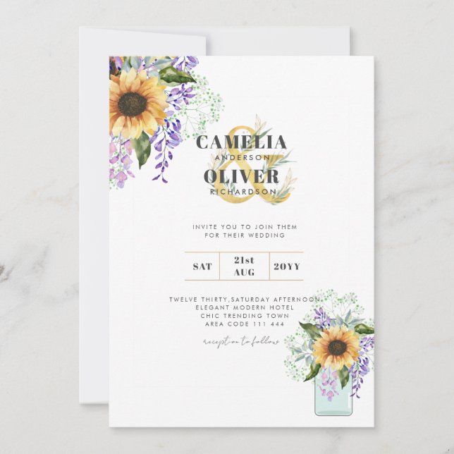 Solblommor Lila Wisteria Modern Wedding INVITE Inbjudningar (Framsida)
