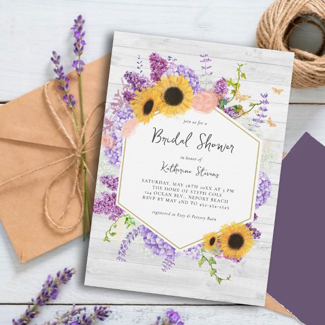 Solblommor Lilac Hexagon Rustic Wood Möhippa Inbjudningar (rustic bridal shower invitation sunflowers lilac hydrangea butterflies hexagon wood board country)