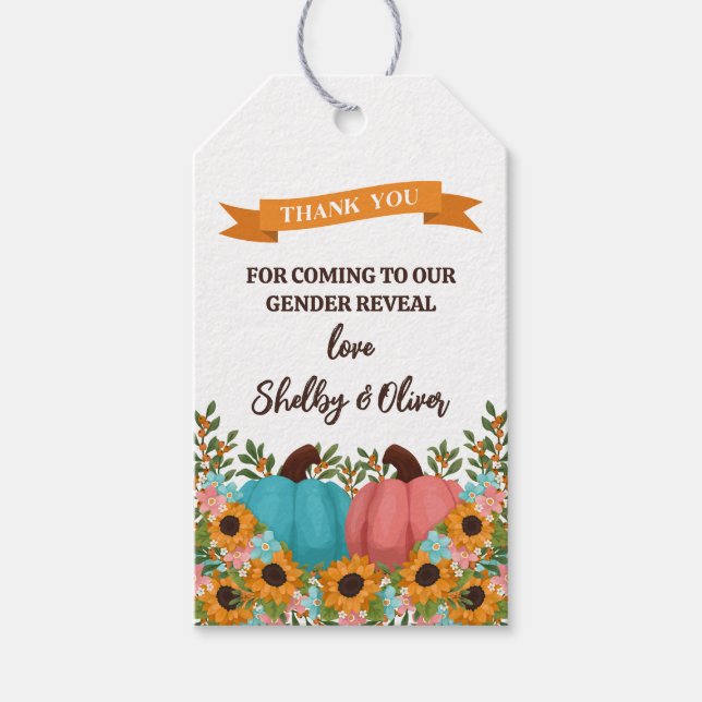 Solblommor Little Pumpkin Gender Reveal Tack Presentetikett (Framsidan)