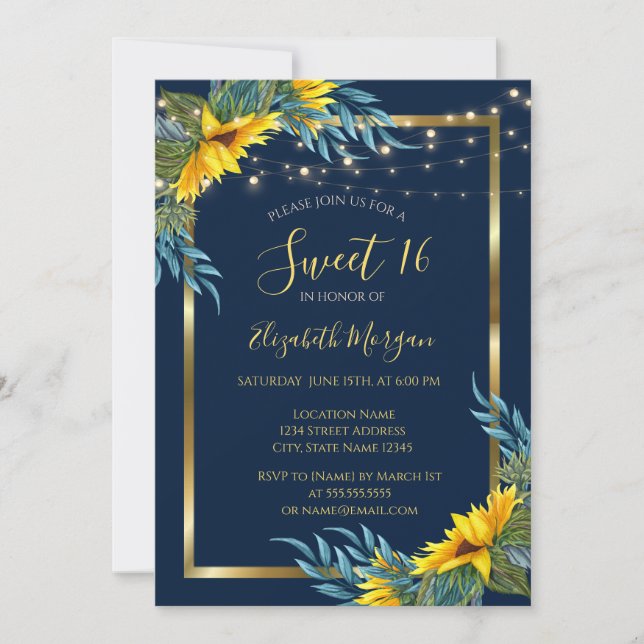 Solblommor, Ljus, Wood Struktur Sweet 16 Inbjudningar (Framsida)