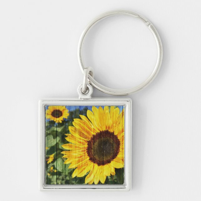Solblommor, målat stängsel fyrkantig silverfärgad nyckelring (Framsidan)
