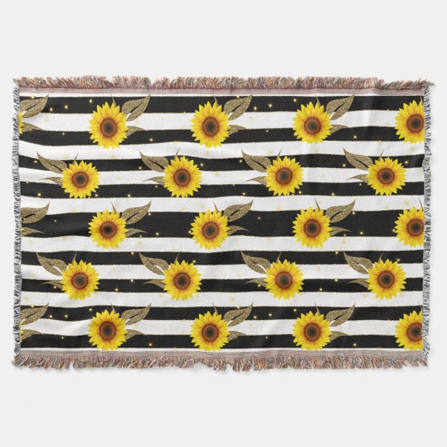 Solblommor med svart och vitt Vågrät Linjer Filt (Framsidan)