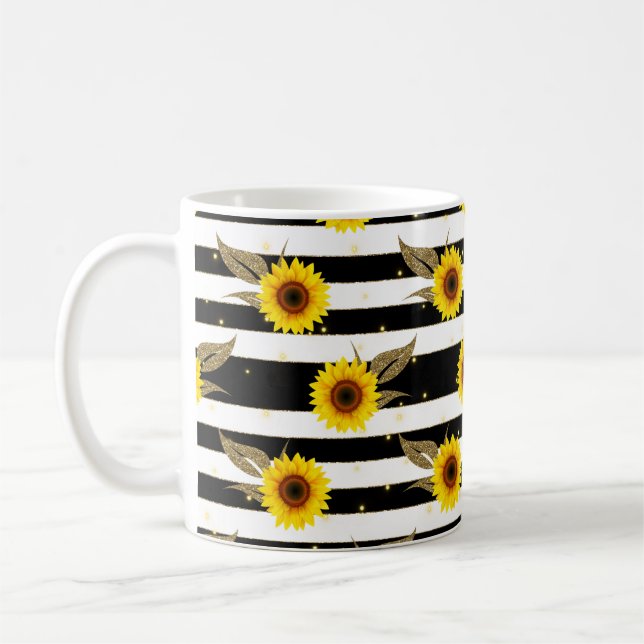 Solblommor med svart och vitt Vågrät Linjer Kaffemugg (Vänster)