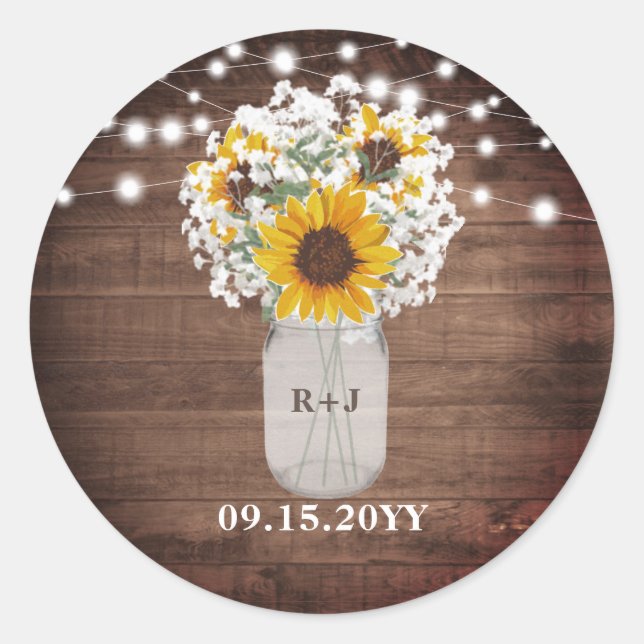 Solblommor Monogram Mason Burk Vas Ljus Bröllop Runt Klistermärke (Framsida)