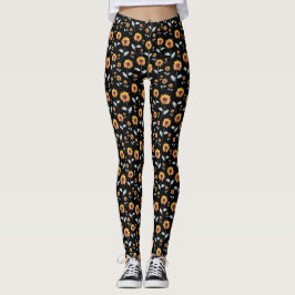 Solblommor Mönster på svart Leggings