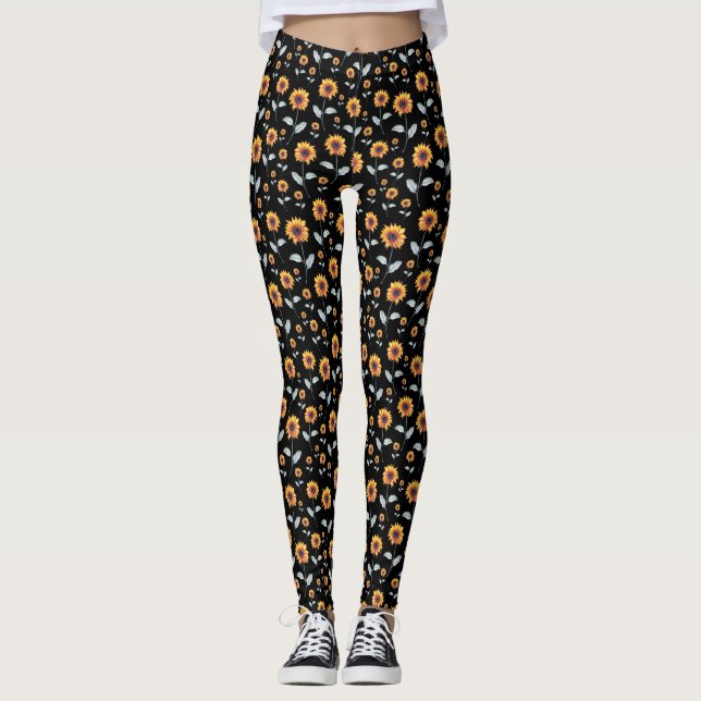 Solblommor Mönster på svarta baljväxter Leggings (Framsida)