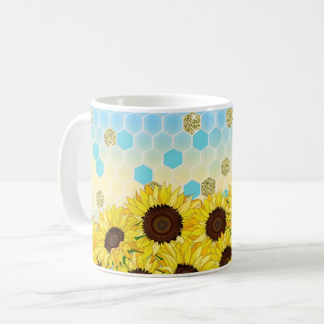 Solblommor mot färgstarka hexagonala Mönster Kaffemugg (Framsida vänster)