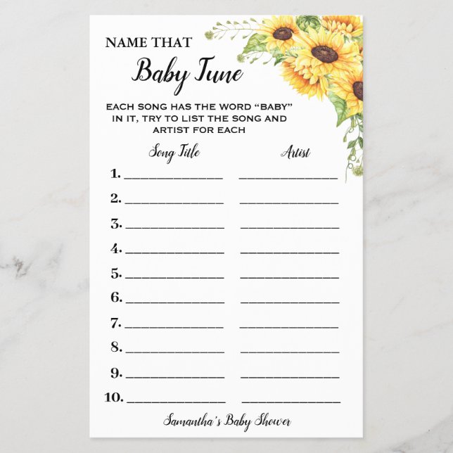 Solblommor Namn som Baby Tune Shower Game Card Flygblad (Framsidan)