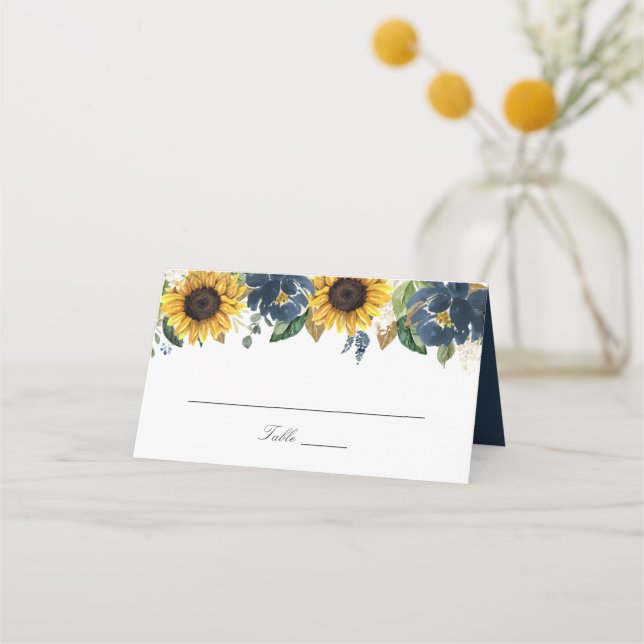 Solblommor Navy Blåa blommor Bröllop Place Card Placeringskort (Framsida)
