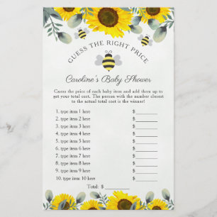 Solblommor och Bees Baby Shower Gissa Prist spel