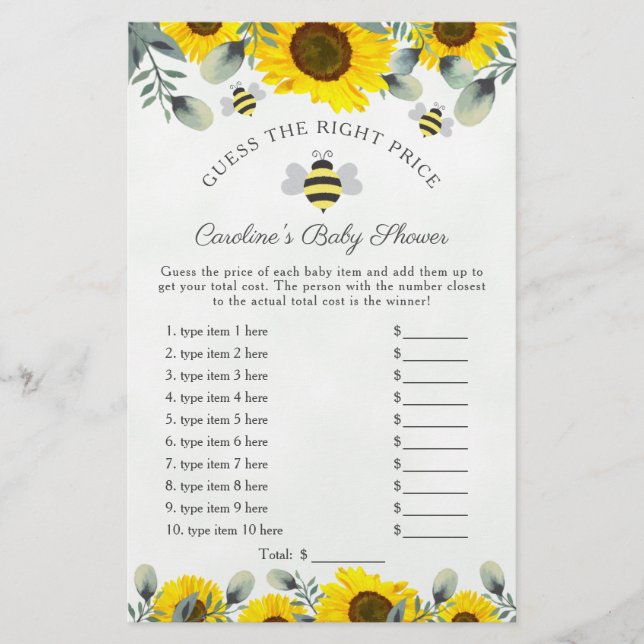 Solblommor och Bees Baby Shower Gissa Prist spel (Framsida)